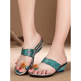Ladies Vintage Ethnic Leather Platform Flat Comfort Sandals