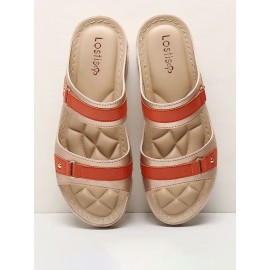 LOSTISY Stripe Slippers Color Block Stitching Women Beach Wedges Slippers