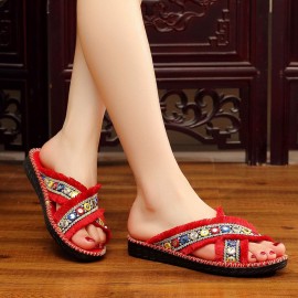 Women Folkways Circle Sequined Handmade Embroidered Peep Toe Slippers