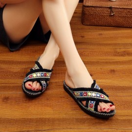 Women Folkways Circle Sequined Handmade Embroidered Peep Toe Slippers