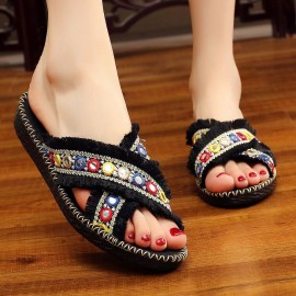 Women Folkways Circle Sequined Handmade Embroidered Peep Toe Slippers