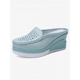 Women Pattern Hollow Leather Comfy Breathable Platform Backless Slippers