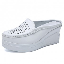 Women Pattern Hollow Leather Comfy Breathable Platform Backless Slippers