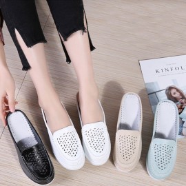 Women Pattern Hollow Leather Comfy Breathable Platform Backless Slippers