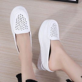 Women Pattern Hollow Leather Comfy Breathable Platform Backless Slippers
