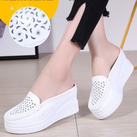 Women Pattern Hollow Leather Comfy Breathable Platform Backless Slippers