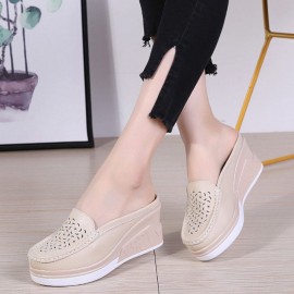 Women Pattern Hollow Leather Comfy Breathable Platform Backless Slippers